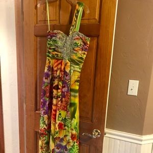 Cache long tropical print evening gown, size 8